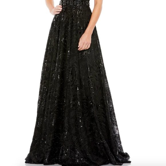 MAC DUGGAL12413 EMBROIDERED EMBELLISHED WAIST CAP SLEEVE A-LINE BLACK GOWN sz 12 - Picture 6 of 7